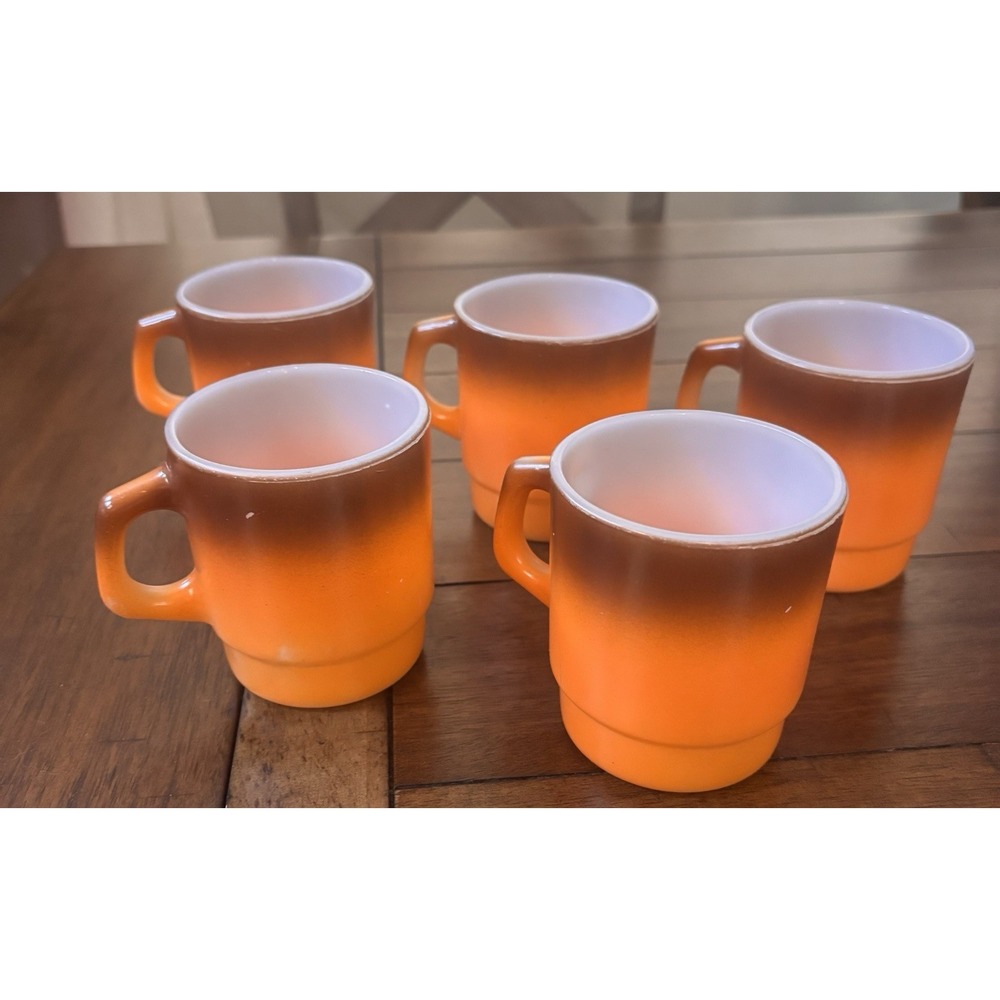 VTG Fire King Anchor Hocking Orange Brown Fade Milk Glass Stacking Mugs Set Of 5